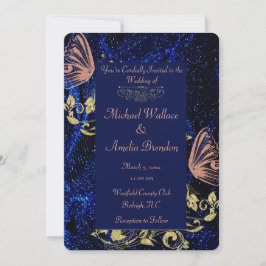 Royal Blue Gold Butterfly Wedding Round Uitnodigin Kaart