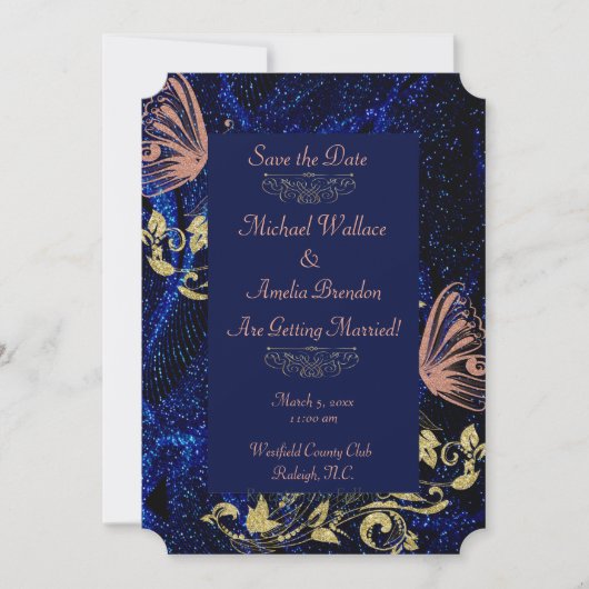 Royal Blue Gold Butterfly Wedding Save the Date (Voorkant)