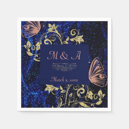 Royal Blue Gold Butterfly Wedding Servet (Voorkant)