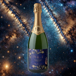 Royal Blue Gold Butterfly Wedding Sparkling Wijnetiket