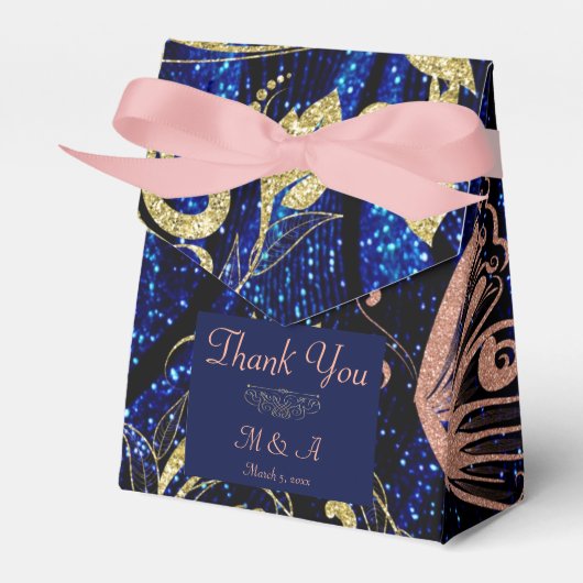 Royal Blue Gold Butterfly Wedding Tent Favoriete B Bedankdoosjes (Voorkant Zijde)