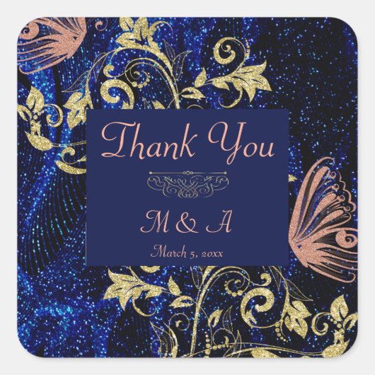 Royal Blue Gold Butterfly Wedding Vierkante Sticker (Voorkant)