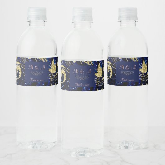 Royal Blue Gold Butterfly Wedding Waterfles Etiket (Flessen)