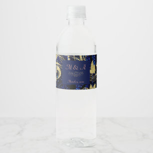 Royal Blue Gold Butterfly Wedding Waterfles Etiket