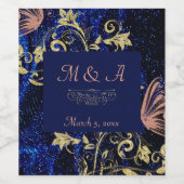 Royal Blue Gold Butterfly Wedding Wijn Etiket (Enkel label)