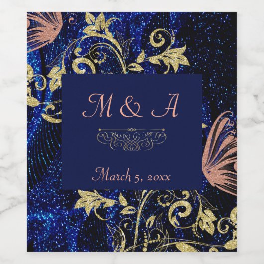 Royal Blue Gold Butterfly Wedding Wijn Etiket (Enkel label)