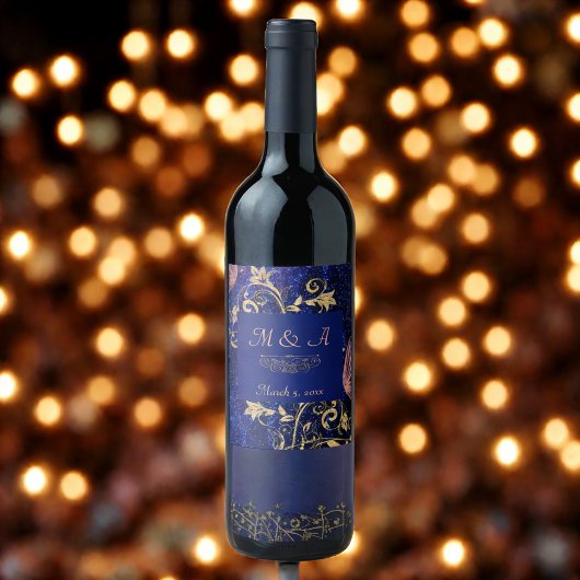 Royal Blue Gold Butterfly Wedding Wijn Etiket