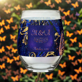 Royal Blue Gold Butterfly Wedding Wijnglas Zonder Voet