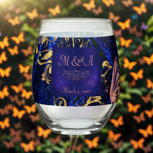 Royal Blue Gold Butterfly Wedding Wijnglas Zonder Voet