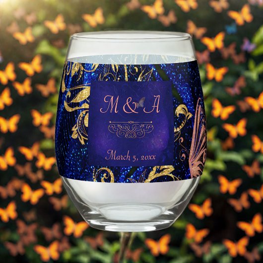 Royal Blue Gold Butterfly Wedding Wijnglas Zonder Voet