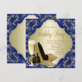 Royal Blue Gold Champagne Verjaardagsfeest Kaart (Voorkant / Achterkant)