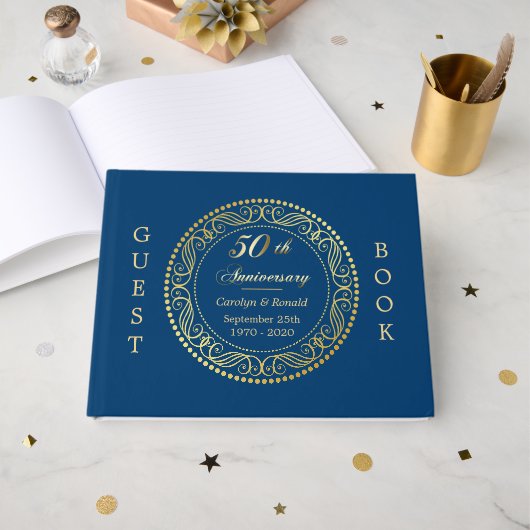 Royal Blue Gold Circle Jubileum Gastenboek (Voorkant open)