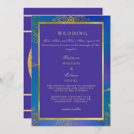 Royal Blue & Gold Colorful Wedding Invitation Kaart
