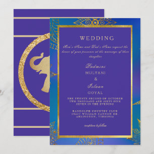Royal Blue & Gold Colorful Wedding Invitation Kaart