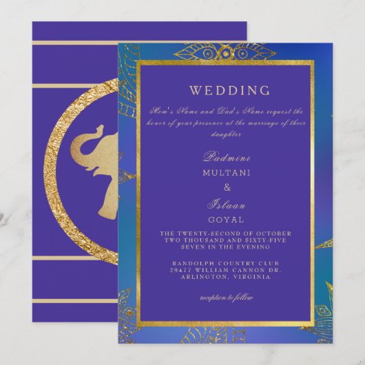 Royal Blue & Gold Colorful Wedding Invitation Kaart (Voorkant / Achterkant)