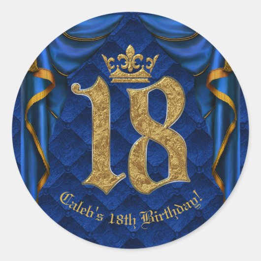 Royal Blue & Gold Crown 18 18e verjaardag Ronde Sticker (Voorkant)