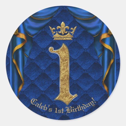Royal Blue & Gold Crown 1 1E verjaardagsfeestje Ronde Sticker (Voorkant)