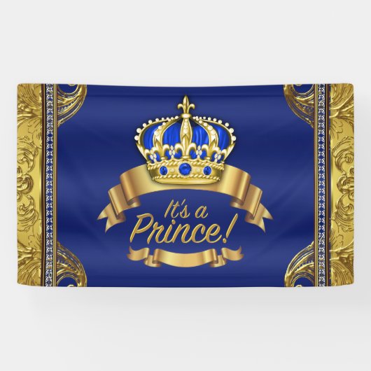 Royal Blue Gold Crown Prince Baby shower Spandoek (Horizontaal)