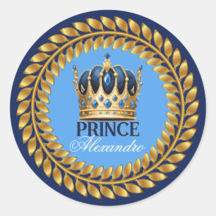 Royal Blue Gold Crown Prince Baby shower/Verjaarda Ronde Sticker
