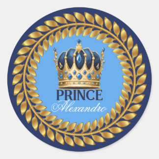 Royal Blue Gold Crown Prince Baby shower/Verjaarda Ronde Sticker