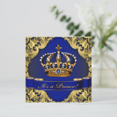 Royal Blue Gold Crown Prince Boy Baby shower Kaart (Staand voorkant)