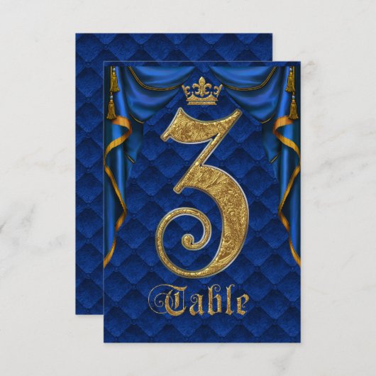 Royal Blue Gold Crown Weduwtable Number 3 Kaart (Voorkant / Achterkant)