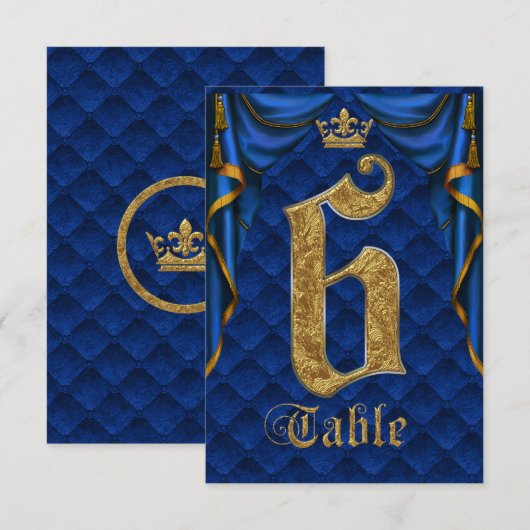 Royal Blue Gold Crown Weduwtable Number 6 Kaart (Voorkant / Achterkant)