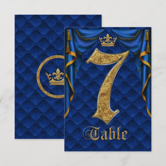 Royal Blue Gold Crown Weduwtable Number 7 Kaart (Voorkant / Achterkant)