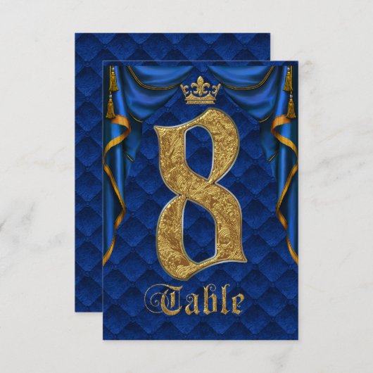 Royal Blue Gold Crown Weduwtable Number 8 Kaart (Voorkant / Achterkant)