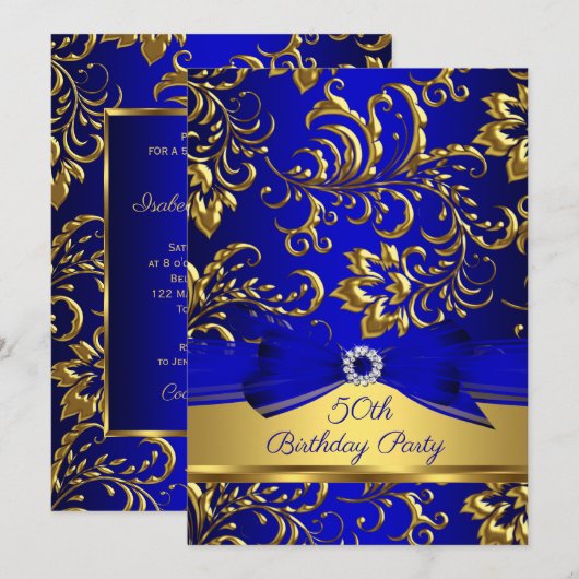 Royal Blue Gold Damask 50e verjaardag Kaart (Voorkant / Achterkant)