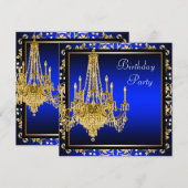 Royal Blue Gold Damask Chandelier Verjaardagsfeest Kaart (Voorkant / Achterkant)
