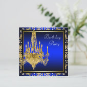 Royal Blue Gold Damask Chandelier Verjaardagsfeest Kaart (Staand voorkant)