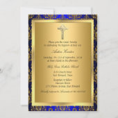 Royal Blue & Gold Damask Cross Baptism Invite Kaart (Voorkant)