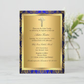 Royal Blue & Gold Damask Cross Baptism Invite Kaart (Staand voorkant)