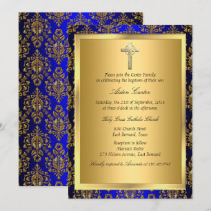 Royal Blue & Gold Damask Cross Baptism Invite Kaart