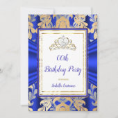 ROYAL Blue Gold Damask Grey Tiara Birthday Party Kaart (Voorkant)