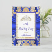 ROYAL Blue Gold Damask Grey Tiara Birthday Party Kaart (Staand voorkant)