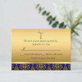 Royal Blue & Gold Damask Kruisdoop RSVP (Staand voorkant)