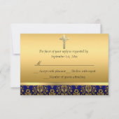 Royal Blue & Gold Damask Kruisdoop RSVP Kaartje (Voorkant)