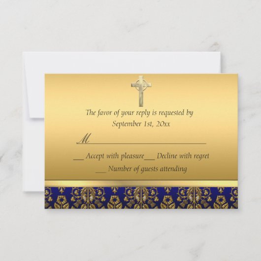 Royal Blue & Gold Damask Kruisdoop RSVP Kaartje (Voorkant)