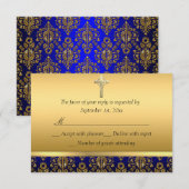 Royal Blue & Gold Damask Kruisdoop RSVP Kaartje (Voorkant / Achterkant)