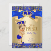 Royal Blue Gold Damask Prince Baby shower Brunette Kaart (Voorkant)