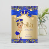 Royal Blue Gold Damask Prince Baby shower Brunette Kaart (Staand voorkant)