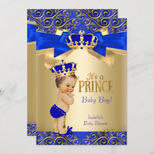 Royal Blue Gold Damask Prince Baby shower Brunette Kaart