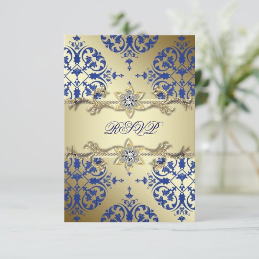 Royal Blue Gold Damask RSVP (Staand voorkant)