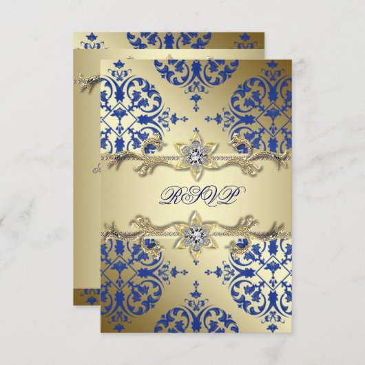 Royal Blue Gold Damask RSVP (Voorkant / Achterkant)