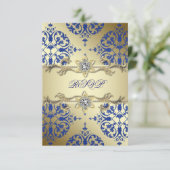 Royal Blue Gold Damask RSVP Kaartje (Staand voorkant)