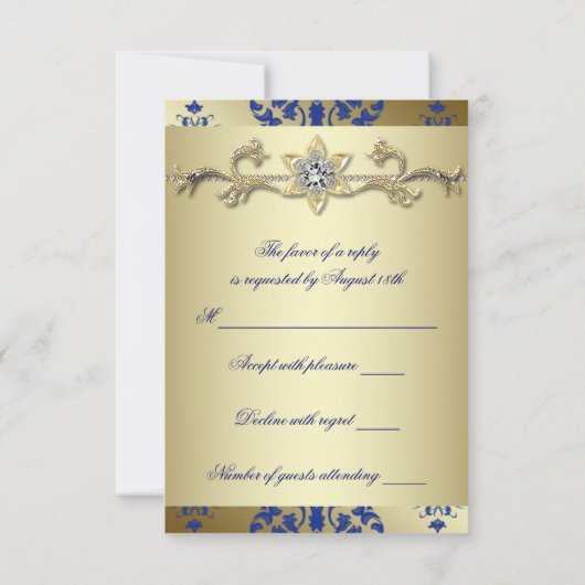 Royal Blue Gold Damask RSVP Kaartje (Achterkant)