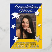 Royal Blue & Gold Diagonal Afstuderen Silver Folie Uitnodiging (Voorkant)