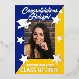 Royal Blue & Gold Diagonal Afstuderen Silver Folie Uitnodiging